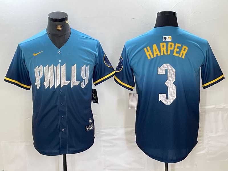 Mens Philadelphia Phillies #3 Bryce Harper Blue 2024 City Connect Limited Stitched Jersey